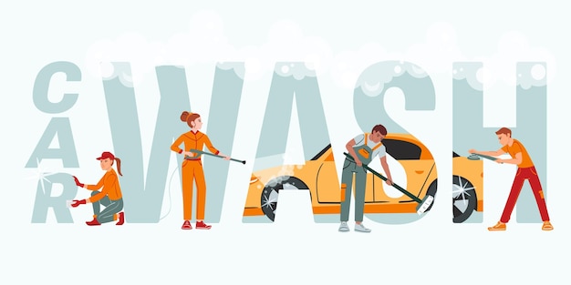 Vecteur gratuit composition de lavage de voiture avec texte plat et mousse entourée de travailleurs en uniforme orange avec illustration vectorielle d'outils