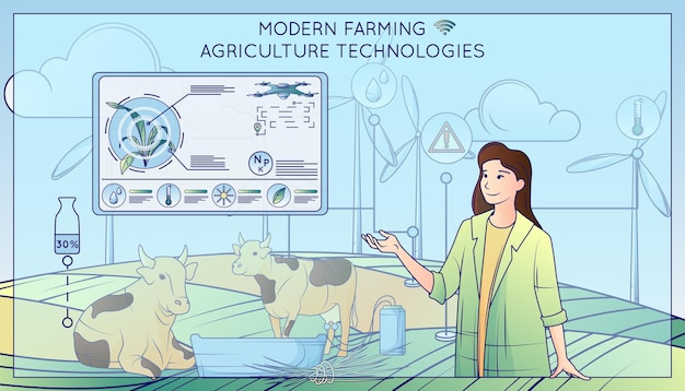 Vecteur gratuit composition de ligne plate de technologies agricoles modernes avec appareil de traite de vaches texte de personnage féminin et icônes illustration vectorielle