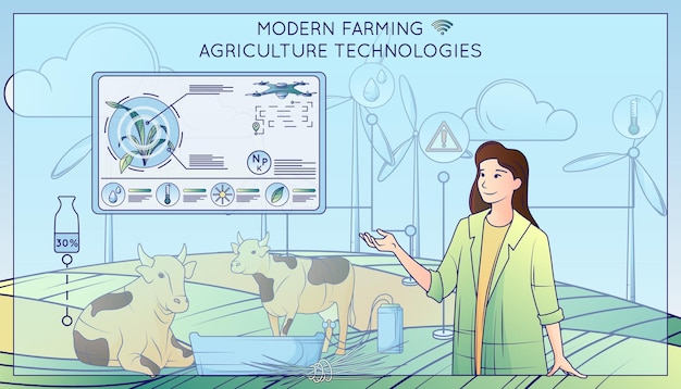 Composition De Ligne Plate De Technologies Agricoles Modernes Avec Appareil De Traite De Vaches Texte De Personnage Féminin Et Icônes Illustration Vectorielle