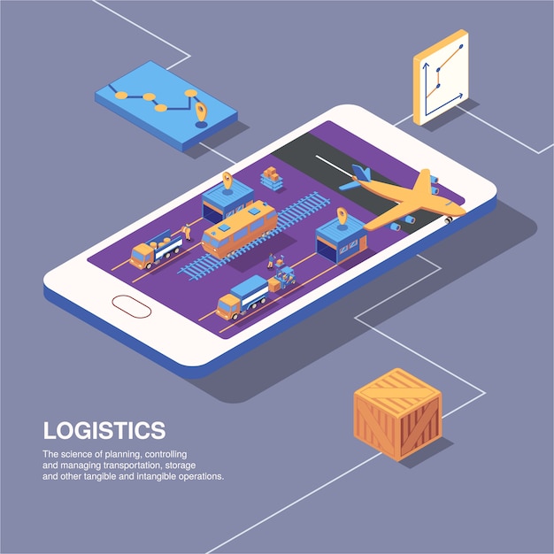 Vecteur gratuit composition de livraison de logistique isométrique avec des icônes de graphiques d'image de téléphone de boîtes de transport et de colis avec illustration vectorielle de texte