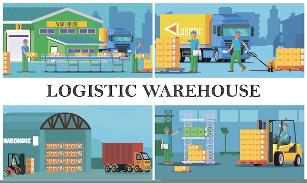 Composition logistique d'entrepôt plat avec chargement de travailleurs de stockage de processus de camion transportant et calculant des boîtes