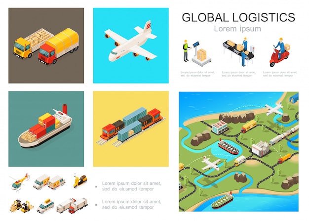 Composition Logistique Mondiale Isométrique Avec Camions Avion Train Bateau Hélicoptère Scooter Voitures Chariot élévateur Emballage Bande Transporteuse Réseau De Distribution Mondial