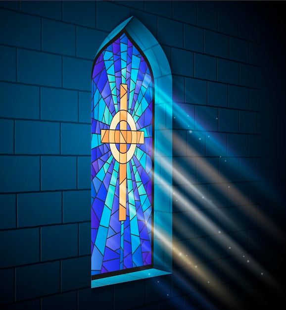 Vecteur gratuit composition lumineuse de fenêtres de cathédrale de temple d'église de mosaïque de verre souillé avec la vue intérieure de la fenêtre avec l'illustration de vecteur de croix