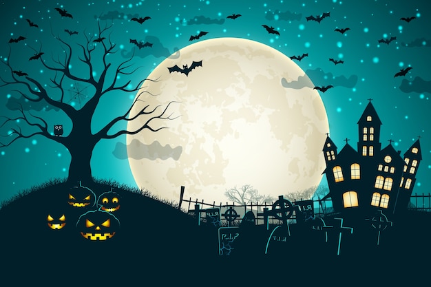 Composition de lune de nuit d'Halloween avec château vintage de citrouilles rougeoyantes et chauves-souris survolant le cimetière plat