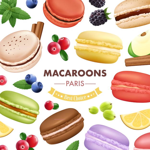 Composition De Macaron Avec Des Fruits Isolés à La Menthe Et Aux Biscuits Aux Amandes