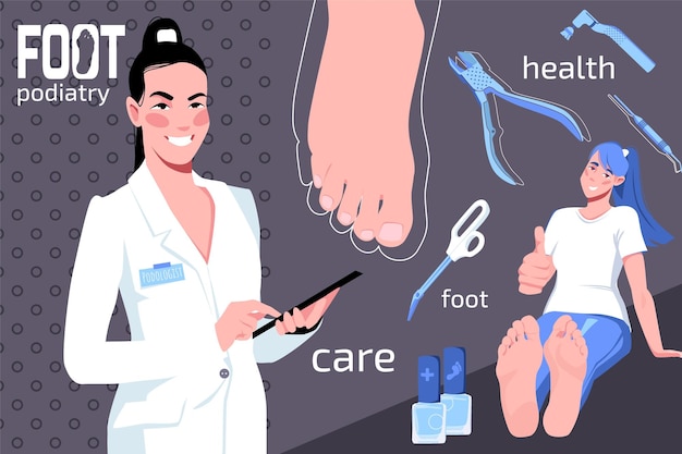 Vecteur gratuit composition de la maladie du pied podologique avec collage de personnages humains plats doodle avec outils médicaux et illustration vectorielle de texte