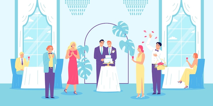 Vecteur gratuit composition de mariage d'hommes lgbt deux hommes dans une salle de fête coupant un gâteau dans le cadre de leur mariage et étant entourés d'êtres chers illustration vectorielle