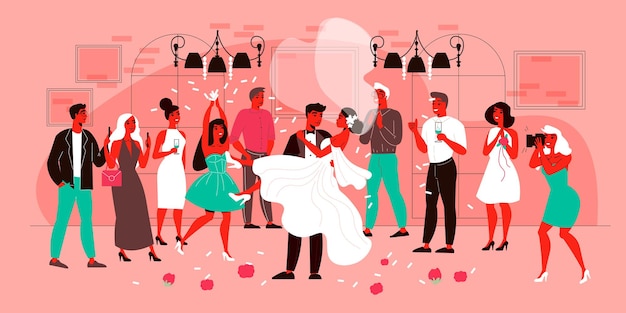 Composition de mariage avec vue sur la cérémonie de mariage avec des personnages d'invités avec illustration du marié et de la mariée heureux