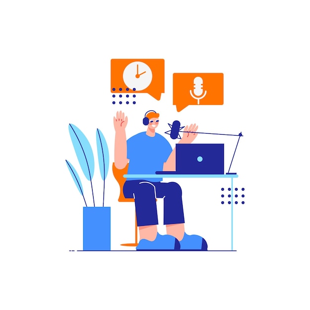 Composition de marketing d'influence avec le personnage d'un gars enregistrant la voix dans le microphone