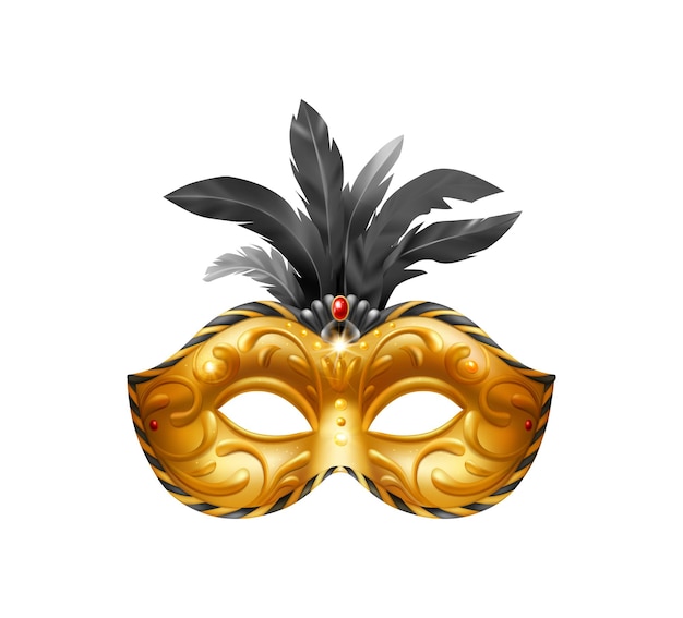 Composition de masque carvinal réaliste avec illustration isolée d'un masque de mascarade doré avec des plumes noires