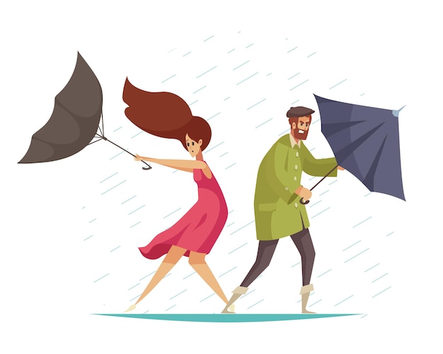 Vecteur gratuit composition de mauvais temps avec des gouttes de pluie qui tombent et des personnages de personnes distraites tenant des parapluies illustration vectorielle