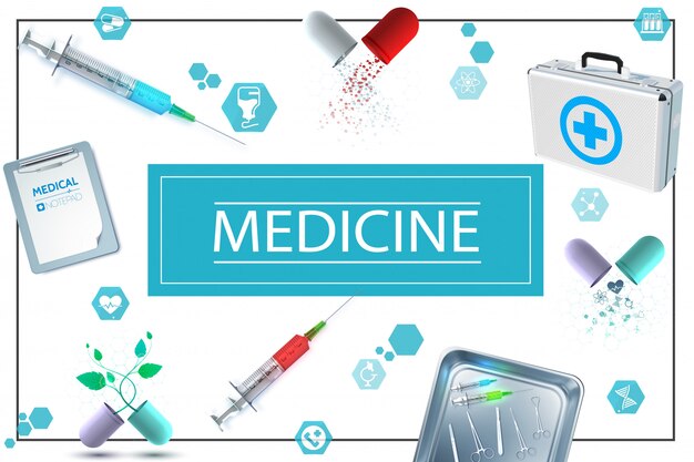 Composition de médecine réaliste avec des capsules de bloc-notes kit médical icônes seringues et instruments chirurgicaux dans un stérilisateur en métal