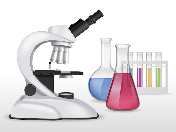 Vecteur gratuit composition de microscope réaliste avec image de matériel de laboratoire avec des tubes à essai en verre remplis de liquides colorés