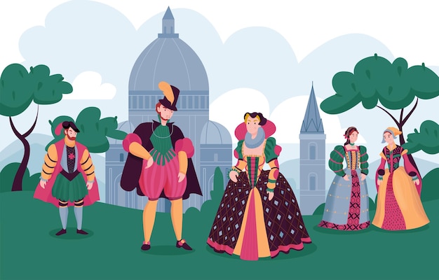Vecteur gratuit composition de la nature de style renaissance femmes et hommes en costume devant les châteaux médiévaux et autres bâtiments illustration vectorielle
