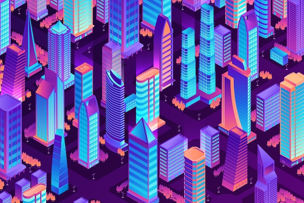 Composition de nuit de ville isométrique avec vue sur la ville de couleur néon vue à vol d'oiseau avec de hautes maisons