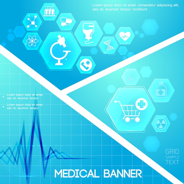 Vecteur gratuit composition numérique bleue de soins médicaux avec rythme cardiaque et icônes de médecine dans les hexagones