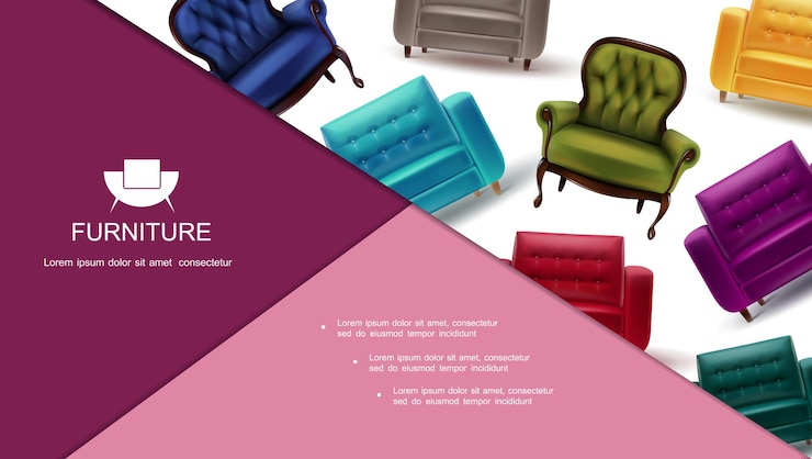 Vecteur gratuit composition d'objets de meubles de maison colorés avec des fauteuils moelleux dans un style réaliste