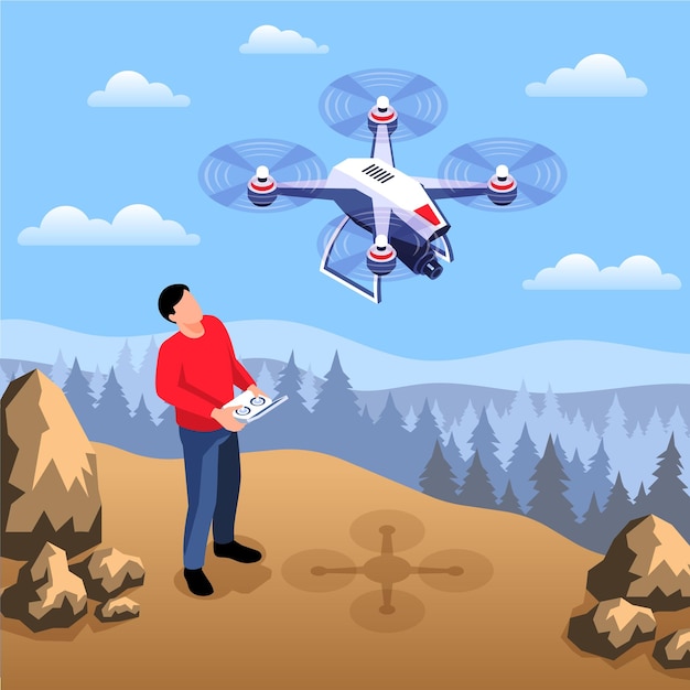 Vecteur gratuit composition d'opérateur de drone isométrique avec paysage extérieur sauvage et homme avec appareil à distance et illustration de quadcopter volant