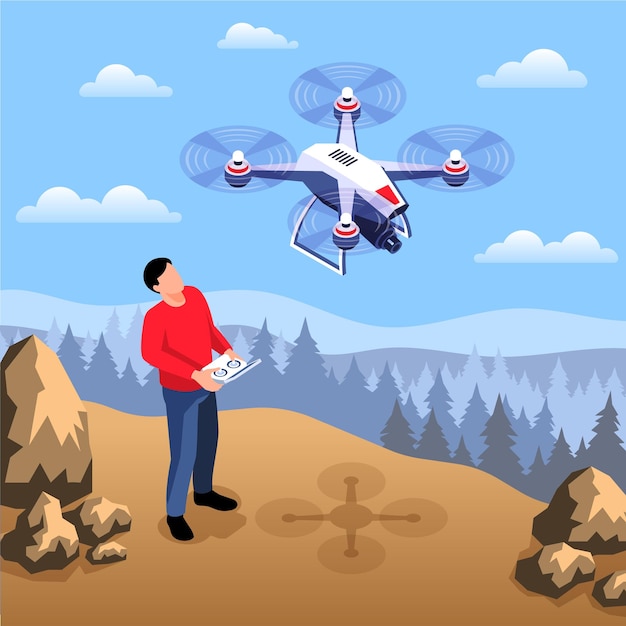 Composition d'opérateur de drone isométrique avec paysage extérieur sauvage et homme avec appareil à distance et illustration de quadcopter volant