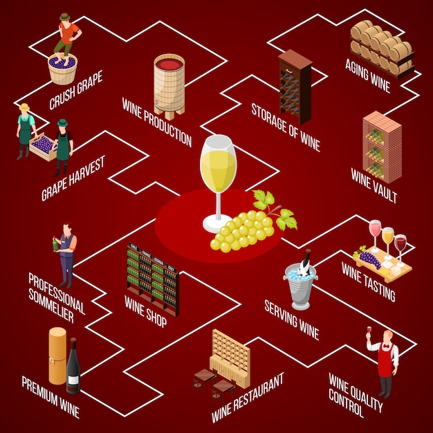 Vecteur gratuit composition d'organigramme de production de vin isométrique avec des images isolées de personnes servant des appareils, verre à vin et raisins