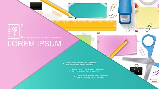 Vecteur gratuit composition de papeterie réaliste avec des ciseaux crayons agrafeuse punaises note autocollants règle reliure clips illustration de ruban adhésif,