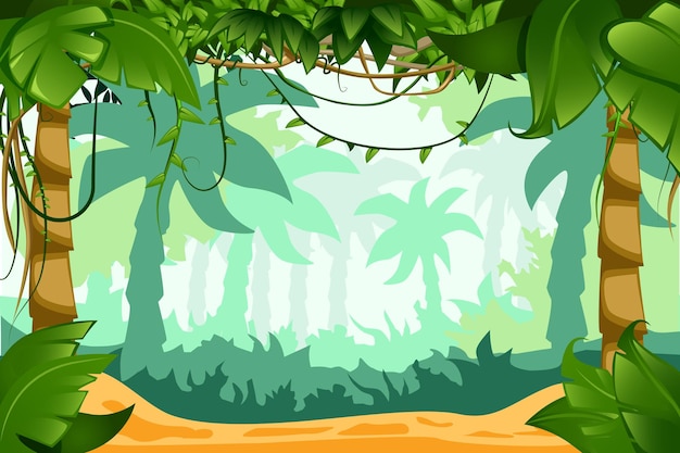 Composition de paysage de dessin animé de forêt tropicale avec lianes grimpantes feuillage succulent et fond de palmiers en décoloration