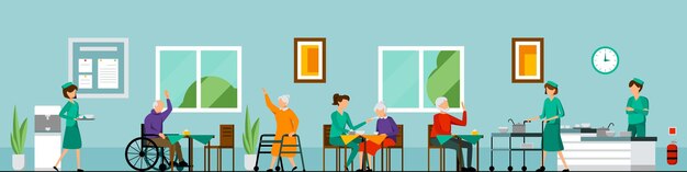 Composition de personnages de maison de retraite à plat avec environnement de maison de retraite aidant les personnes âgées et aidant au besoin illustration