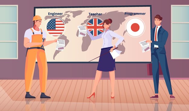 Composition à plat d'emploi à l'étranger avec des personnages de paysages d'intérieur de professeur d'ingénieur et de programmeur avec illustration de carte du monde