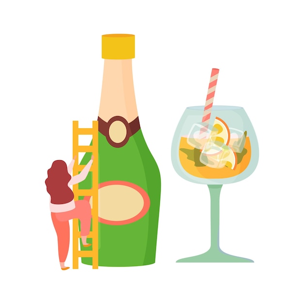 Vecteur gratuit composition plate de cocktails de boissons alcoolisées avec une femme tenant une bouteille de champagne en échelle et un verre à cocktail