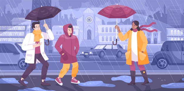 Composition Plate De Douche Météo Avec Vue Sur La Rue De La Ville Avec Des Voitures, Des Maisons Et Des Personnes Avec Des Parapluies Illustration