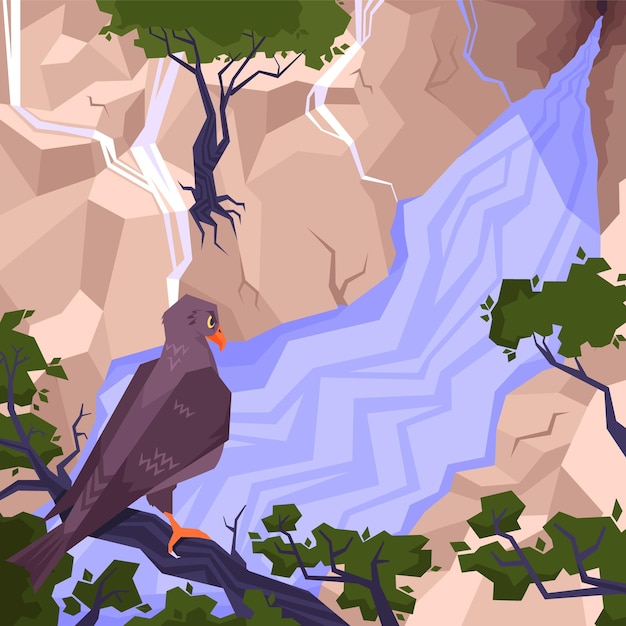 Vecteur gratuit la composition plate du paysage avec un aigle se trouve sur une branche entre l'illustration des montagnes