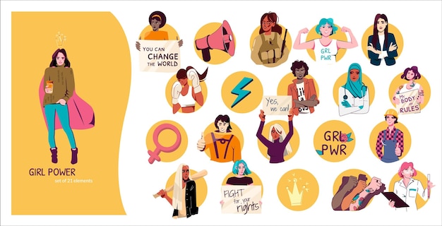 Vecteur gratuit composition plate du pouvoir des filles avec des personnages de jeunes femmes actives et un slogan, vous pouvez changer l'illustration vectorielle du monde