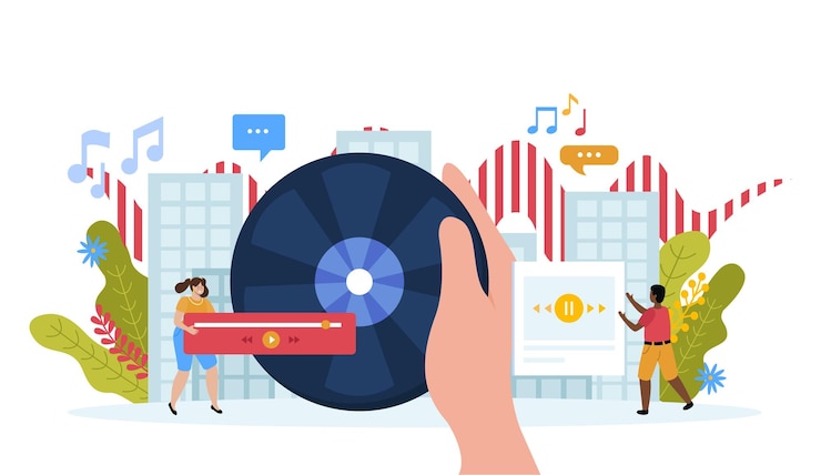 Vecteur gratuit composition plate de l'école de musique avec main de personnes doodle avec lecteurs multimédias de disque vinyle et illustration vectorielle de notes de musique