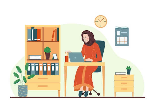 Vecteur gratuit composition plate femme hijab avec paysage de bureau intérieur et femme musulmane travaillant à table avec illustration vectorielle pour ordinateur portable
