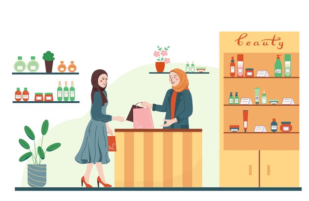 Vecteur gratuit composition plate de femme hijab avec vue sur le magasin de produits de beauté et client musulman avec illustration vectorielle de vendeur