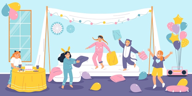 Vecteur gratuit composition plate de la fête des enfants pagama avec des enfants heureux sautant sur l'illustration vectorielle du canapé