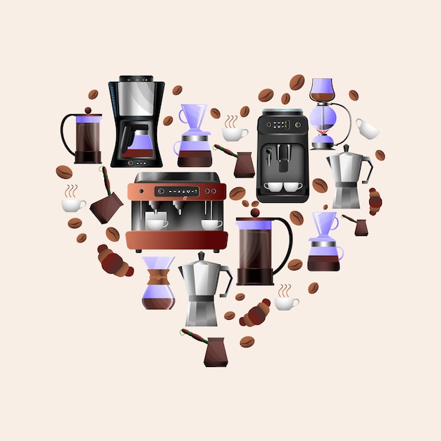 Vecteur gratuit composition plate en forme de coeur avec divers équipements de café tasses de grains et desserts sur illustration vectorielle de fond de couleur