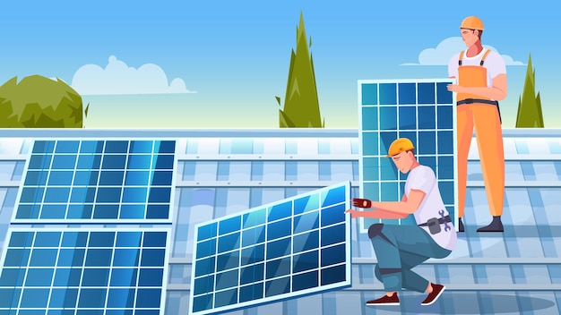 Composition plate d'installation de panneaux solaires avec deux personnages masculins travaillant sur l'illustration du toit