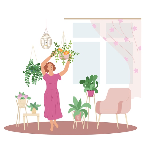 Vecteur gratuit composition plate de jardinage domestique avec fond blanc et vue sur le salon avec illustration vectorielle de plantes suspendues femme