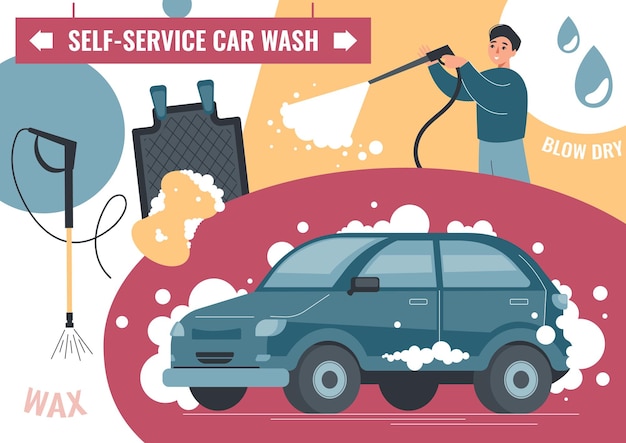 Vecteur gratuit composition plate de lavage de voiture en libre-service avec collage de texte modifiable voiture en mousse et outils illustration vectorielle