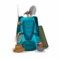 Vecteur gratuit composition plate de matériel de voyage avec sac à dos hache pelle touristique pot corde isolé illustration vectorielle