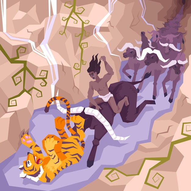 Vecteur gratuit composition plate page à colorier avec mowgli assis sur un taureau attaque une illustration vectorielle de tigre