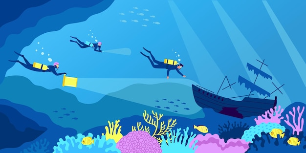 Composition plate de plongée avec des plongeurs sous-marins à la recherche d'une illustration vectorielle de navire coulé