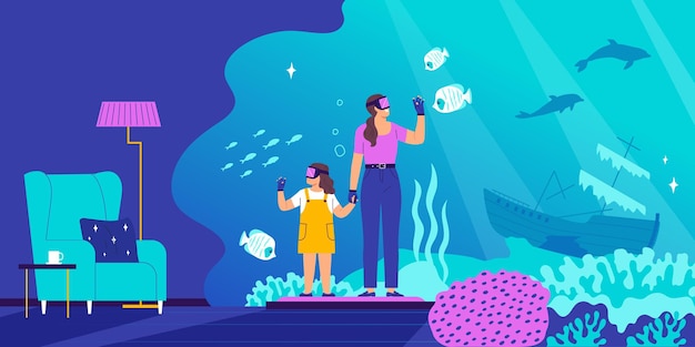 Vecteur gratuit composition plate de réalité virtuelle avec la mère et son enfant observant le monde sous-marin par illustration vectorielle de lunettes de réalité augmentée