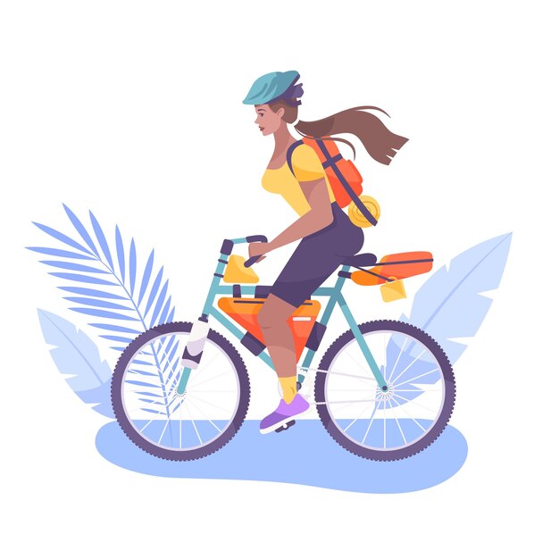 Composition plate de tourisme à vélo avec femme à cheval illustration vectorielle de vélo de trekking