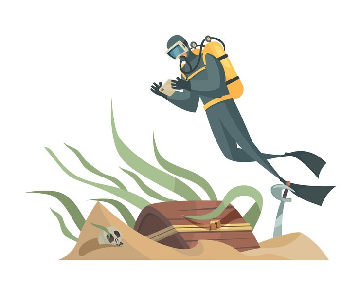 Vecteur gratuit composition de plongée avec personnage de plongeur prenant une photo du coffre au trésor sur l'illustration vectorielle du fond marin