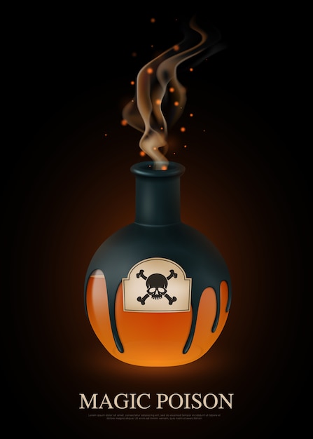 Vecteur gratuit composition de poison réaliste colorée avec titre de poison magique et godille sur bouteille