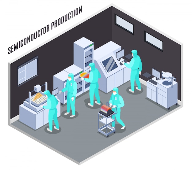 Vecteur gratuit composition de production de semi-conducteur avec technologie et symboles de laboratoire isométrique