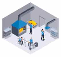 Vecteur gratuit composition de production de verre isométrique avec vue isolée de l'atelier d'usine avec poêle et personnages d'illustration vectorielle de travailleurs