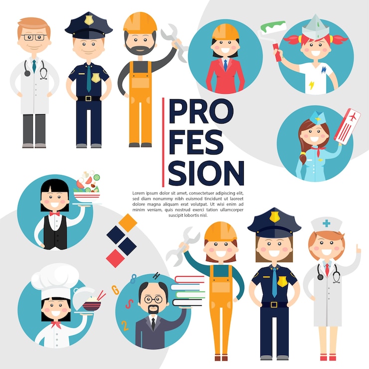 Vecteur gratuit composition de professions masculines et féminines plates avec des médecins agents de police constructeurs ingénieur peintre